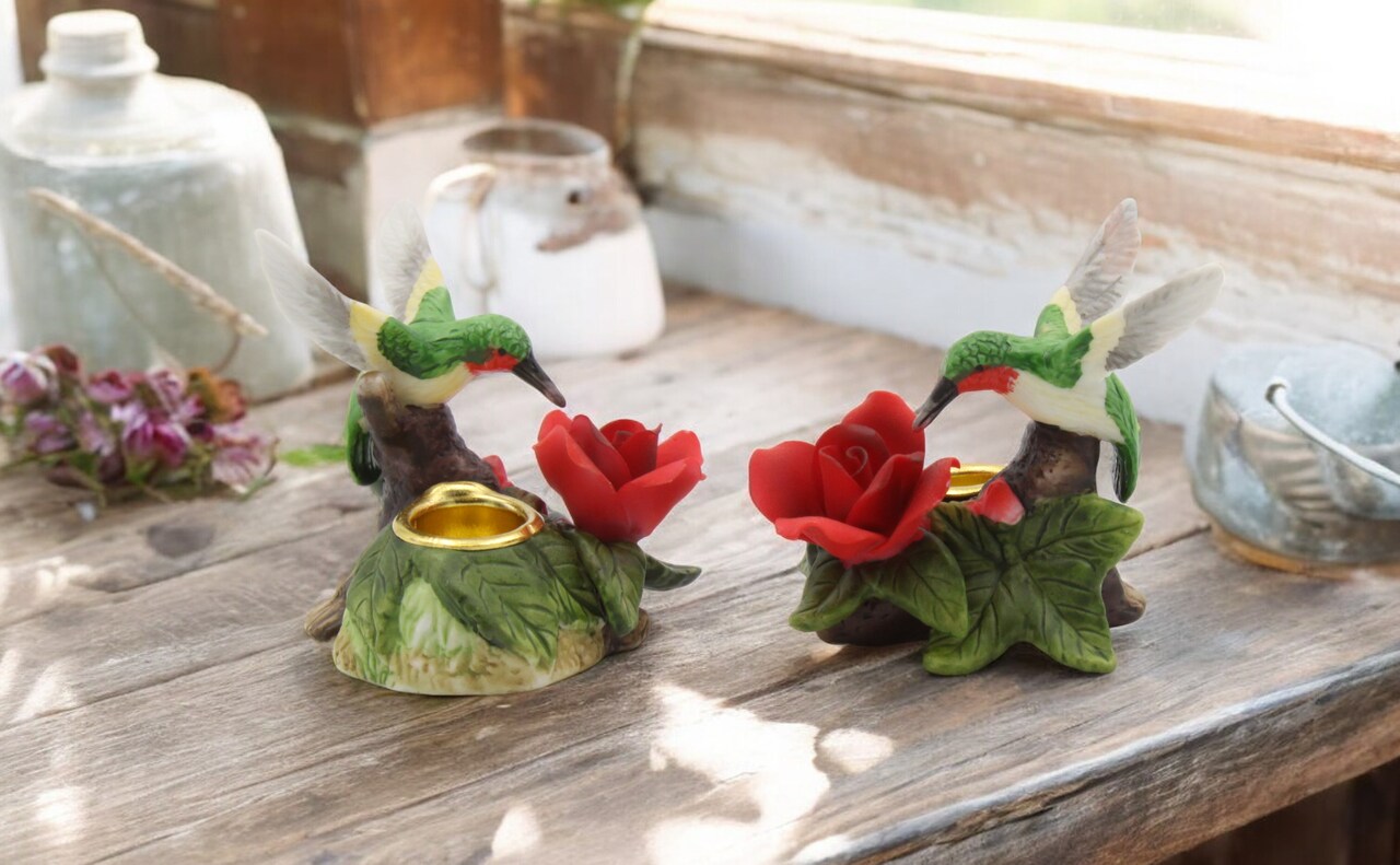 Ceramic Mini Hummingbird with Red Rose Flower Candle Holder (Set of 2), Birdwatcher Gift, Home Decor, Table Decor, Gift for Her, Gift for Mom